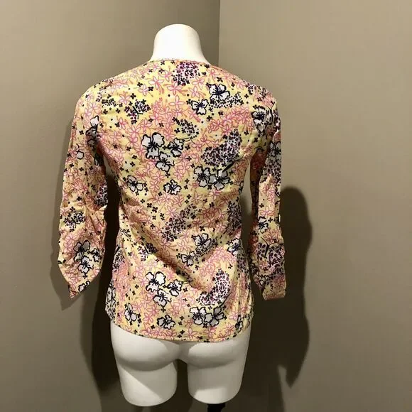 Lilly Pulitzer Blouse Tunic XS Multicolor Floral V Neck Empire Waist Roll Tab - Picture 3 of 10